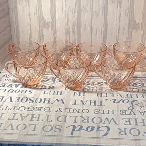 Vintage Arcoroc France Set of 7 Pink Rosaline Swirl Glass Teacups